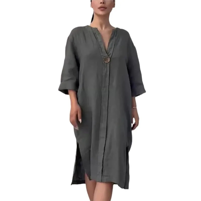 Elegant O-neck Long-sleeved Button Dress For Women's ./ MH
