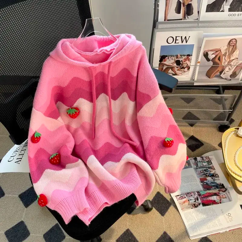 Gagarich Pink Strawberry Bear Hooded Sweater Jacket Women.