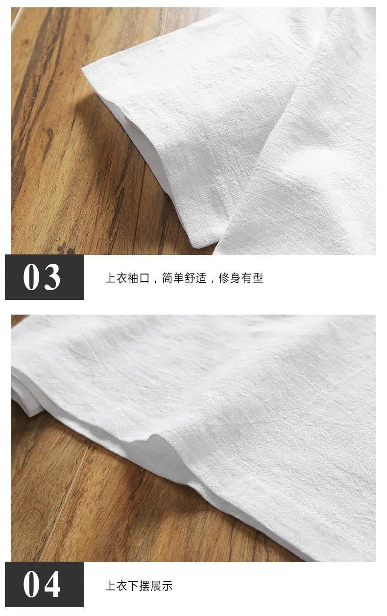 Two Piece Set Men Summer Vintage Simple Casual V Neck Short Sleeve Cotton Linen T Shirt Vacation Solid Loose Beach Shorts Ropa