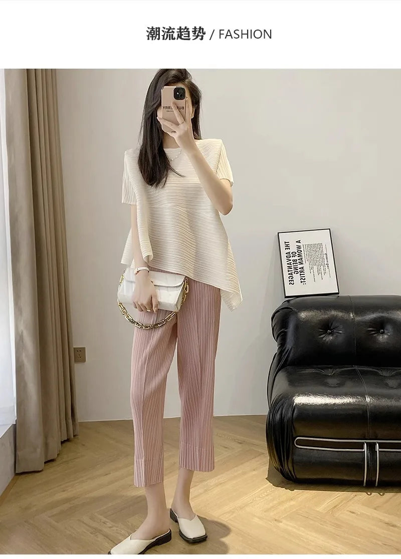 Miyake style pleated tops for women 2024 summer new high-end loose large size stretch fabric clothes temperament T-shirt