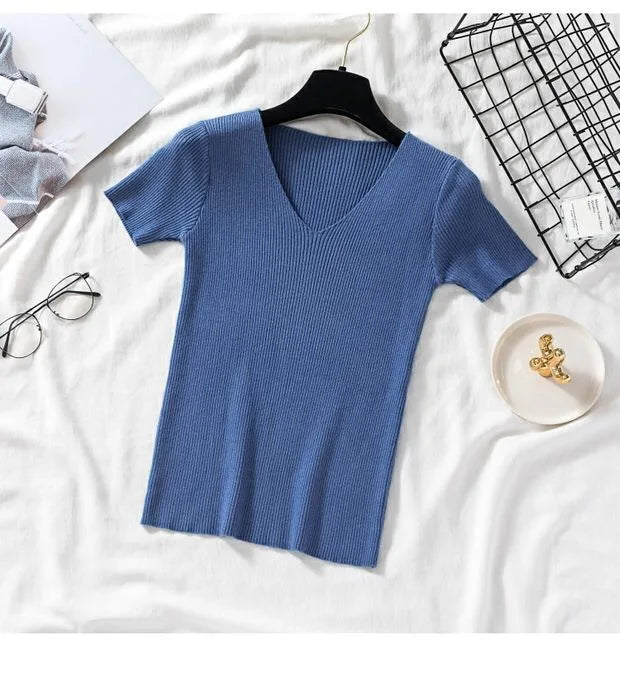 V-neck Solid Thin Summer Women Pullover Female Knitted Ribbed Sweater.