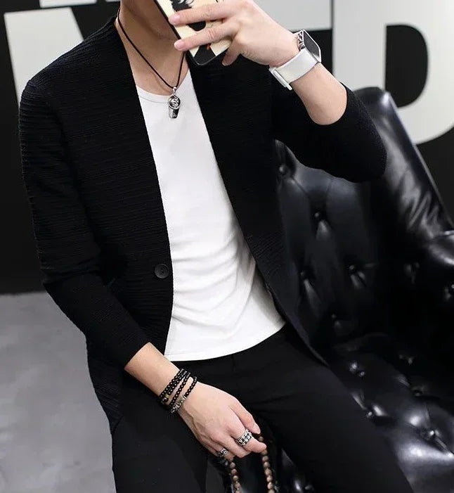 Knit Sweater Male Men's Clothing Cardigan Black Slim Fit Plain .