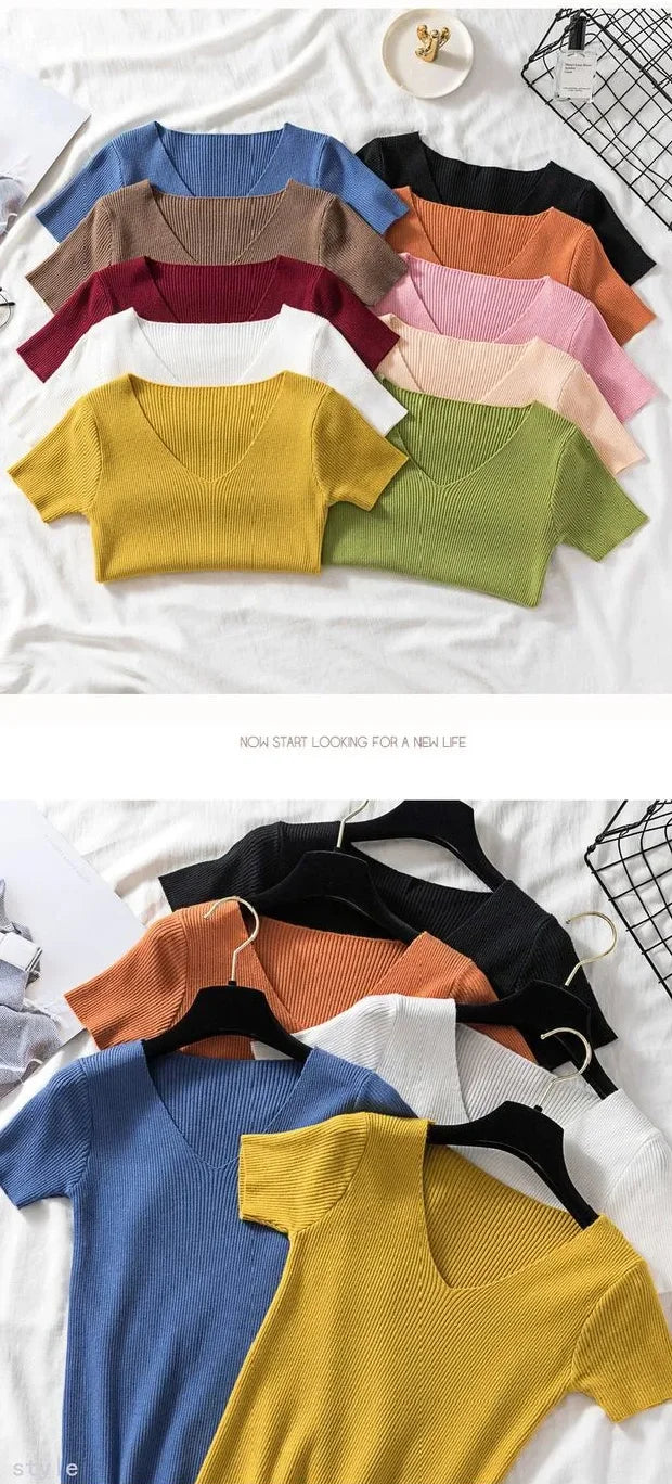 V-neck Solid Thin Summer Women Pullover Female Knitted Ribbed Sweater.