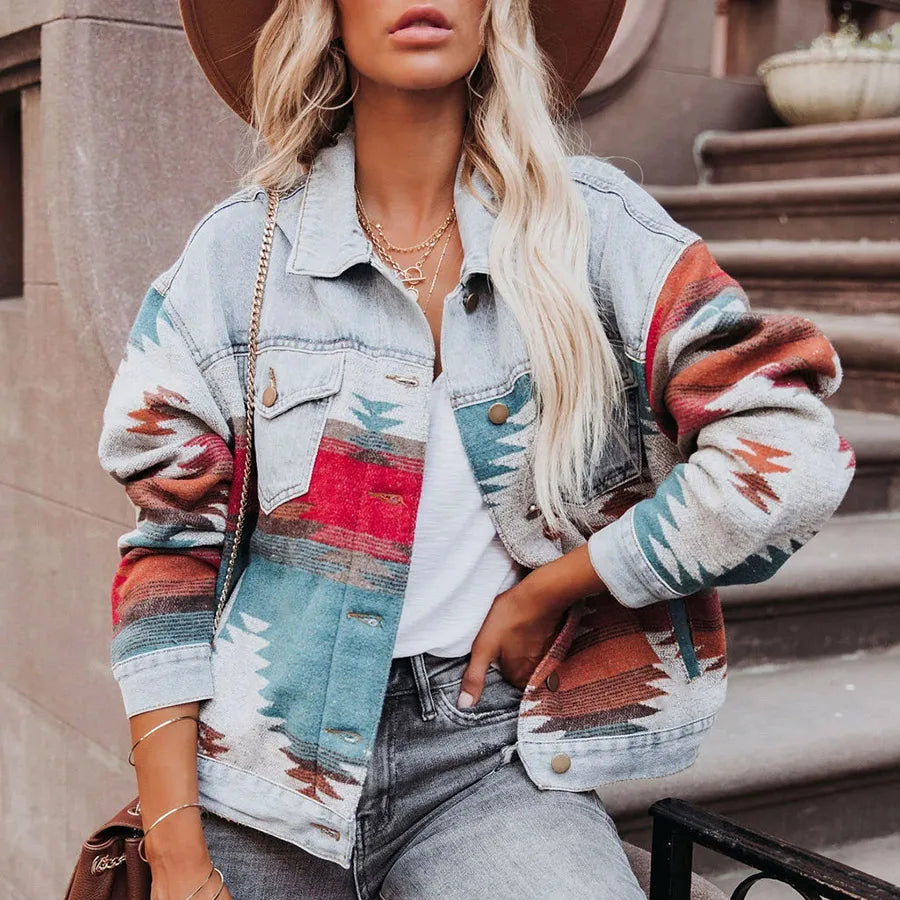 Europe and The United States Long Sleeve Lapel Loose Denim .