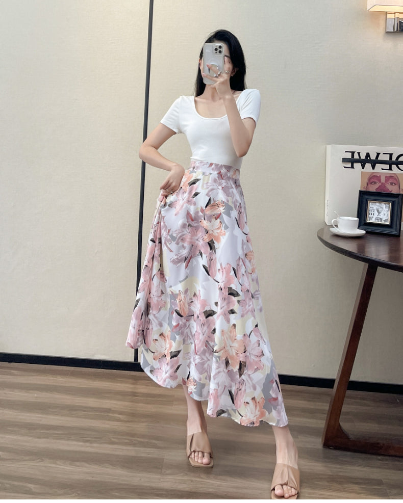 Summer High Waist Women Skirts Casual Floral Printed Chiffon.