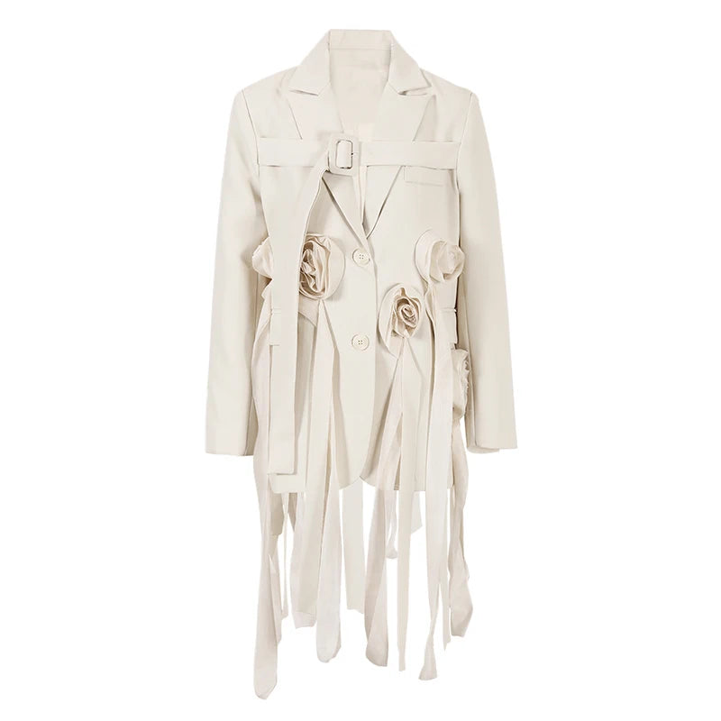 ZMEENNA Beige Flower Irregular Long Blazer Women.