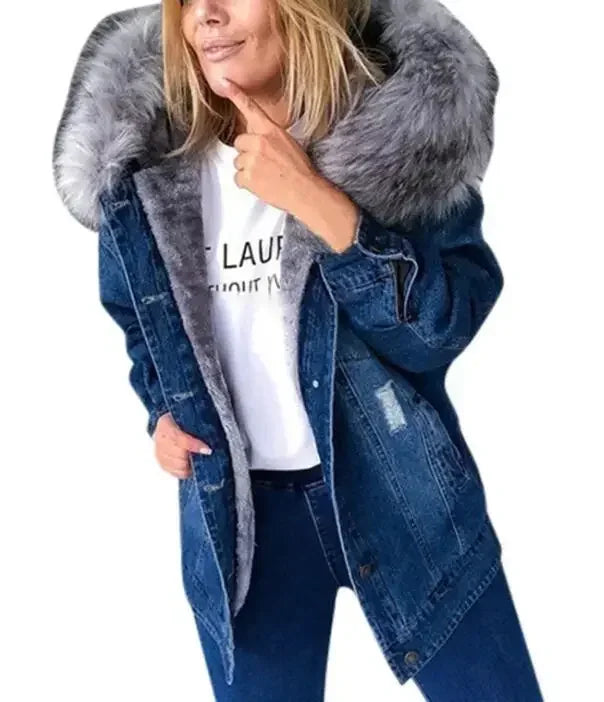New Fashion Hooded Big Fur Collar Denim Jacket .