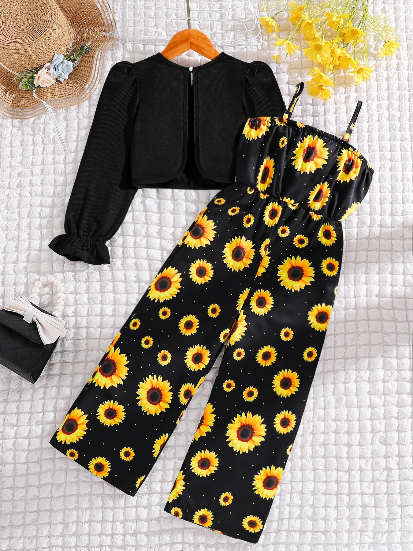girls' outdoor casual jumpsuit 2-piece + printed jumpsuit wide-leg pants.