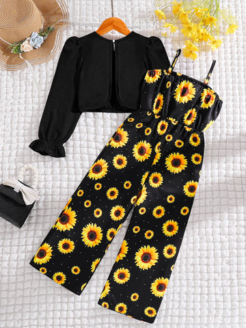 girls' outdoor casual jumpsuit 2-piece + printed jumpsuit wide-leg pants.