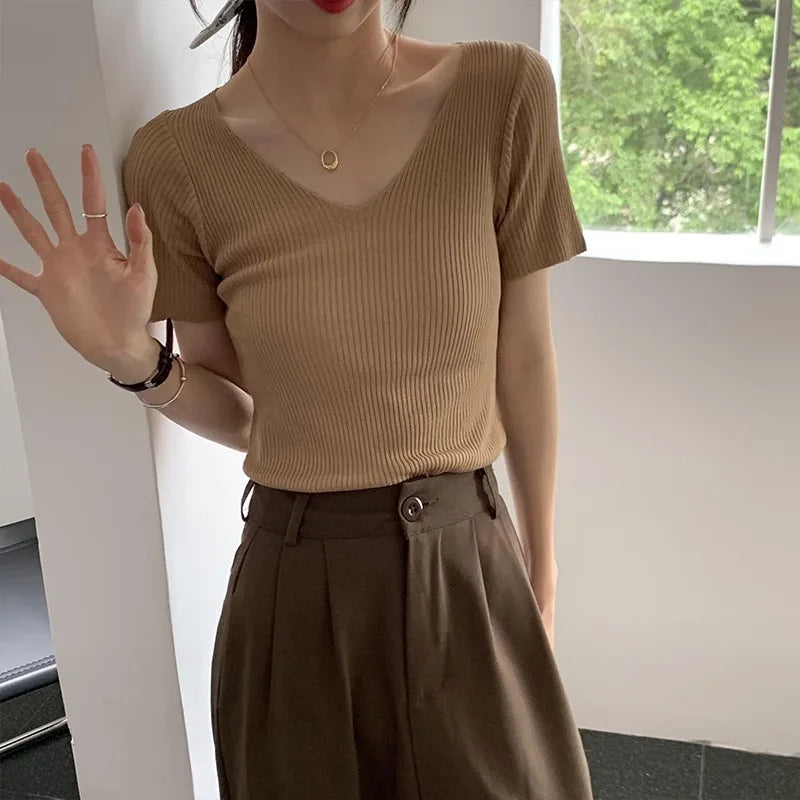 V-neck Solid Thin Summer Women Pullover Female Knitted Ribbed Sweater.