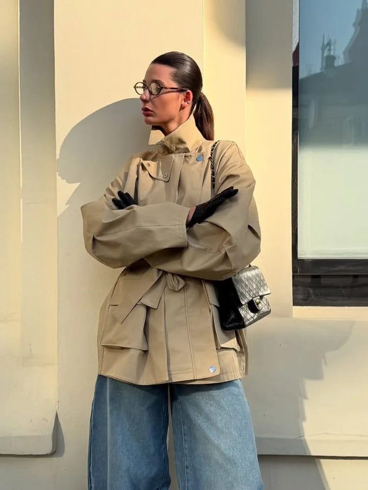 Single Breasted Khaki Belt Trench Coat Women.
