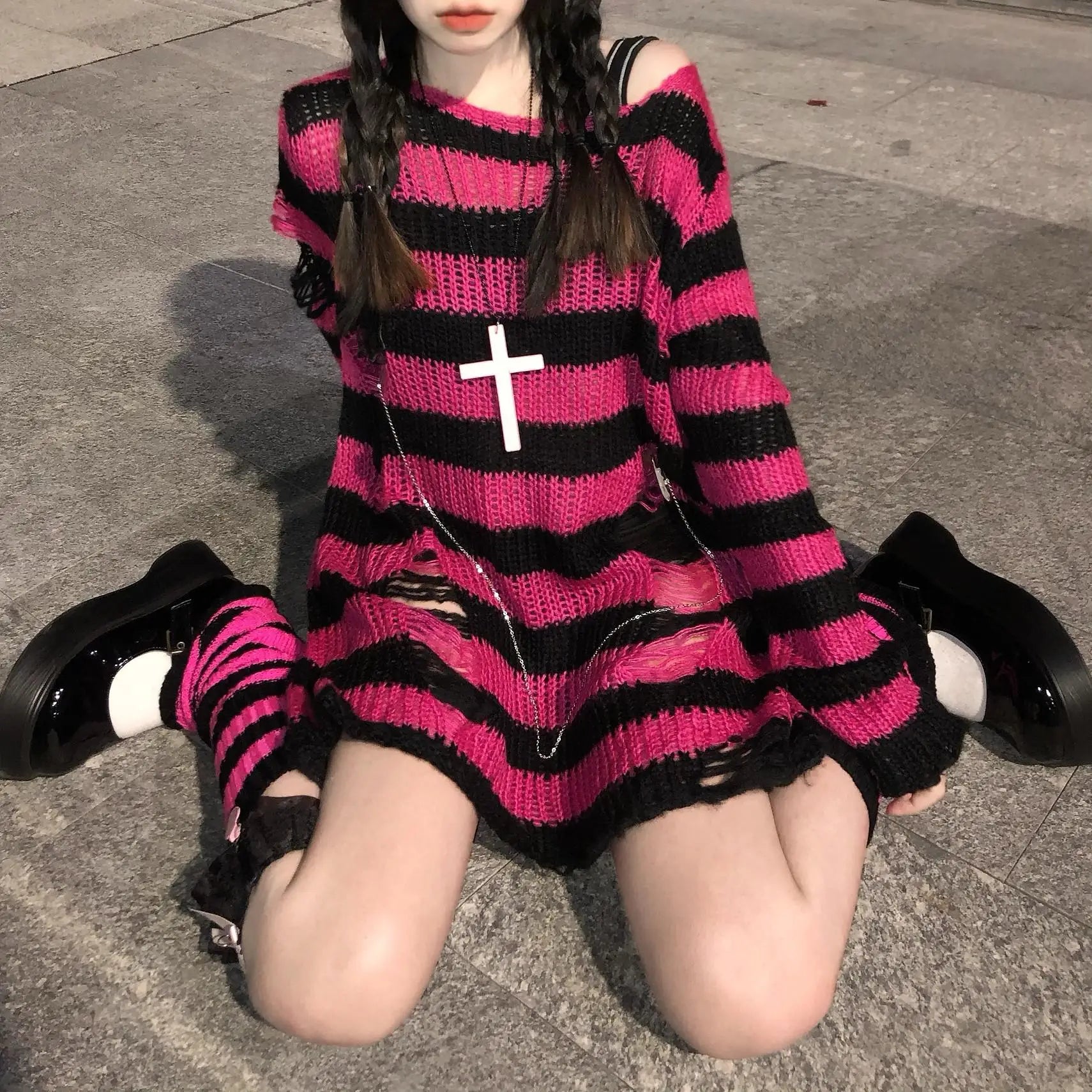 Karrram Pink Striped Gothic Sweaters Women Ripped Holes .