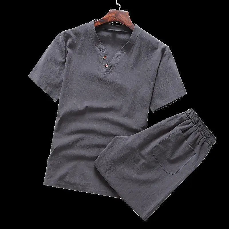Two Piece Set Men Summer Vintage Simple Casual V Neck Short Sleeve Cotton Linen T Shirt Vacation Solid Loose Beach Shorts Ropa