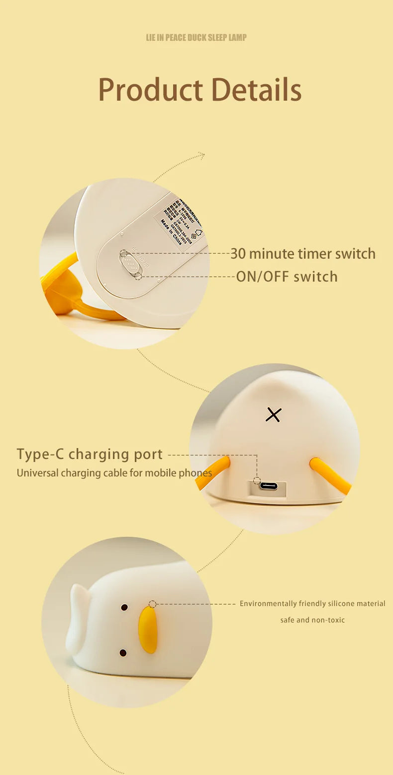 LED Cute Duck Nightlight USB Rechargeable Night Lamp Touch Sensor.