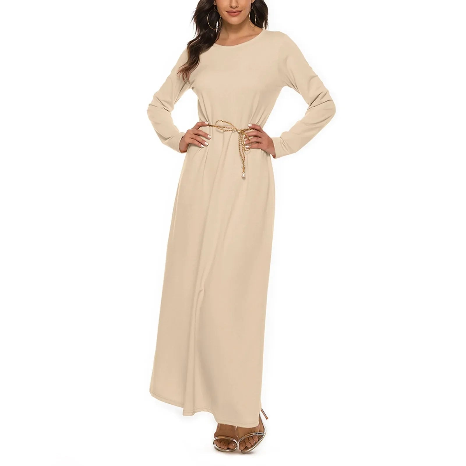 Women's Casual Solid Color Muslim Dress Long Sleeve Hollow Out Sequins Cardigan Loose Fit Long Skirt Islamic Dress