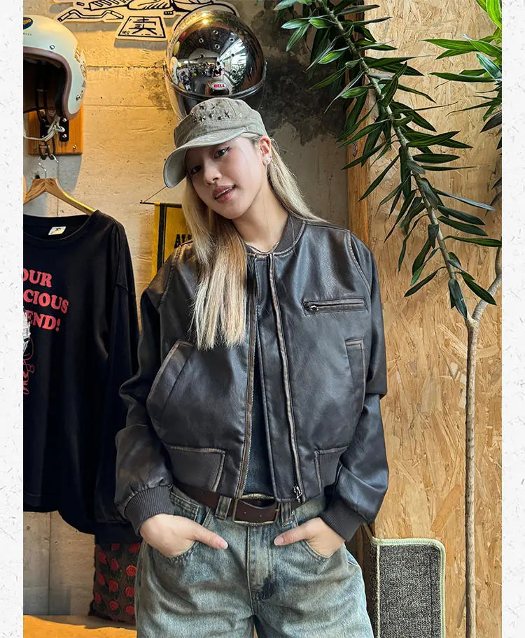 American Vintage Short Motorcycle Leather Jacket Women.