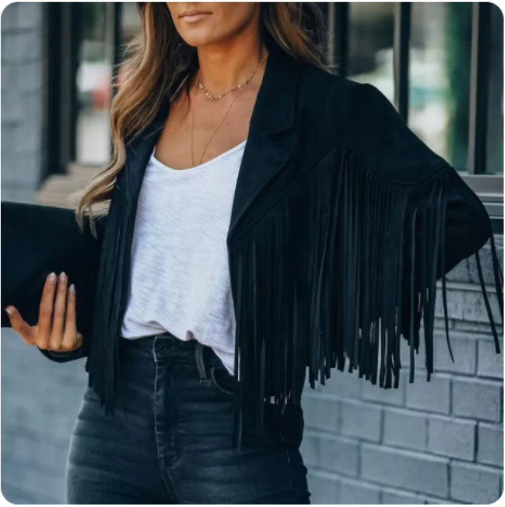 New women Motor Biker Cardigan OutwearsFaux Suede Tassel Jacket.
