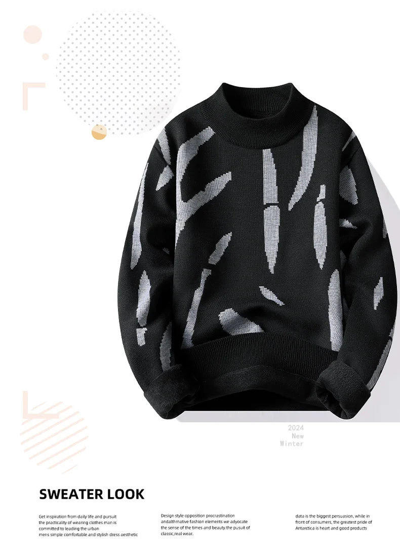 2024 M-4XL Autumn/Winter New Men's Sweater Half High Collar Zebra Pattern Color Blocked Velvet Knitted Sweater Warm Hoodie Top