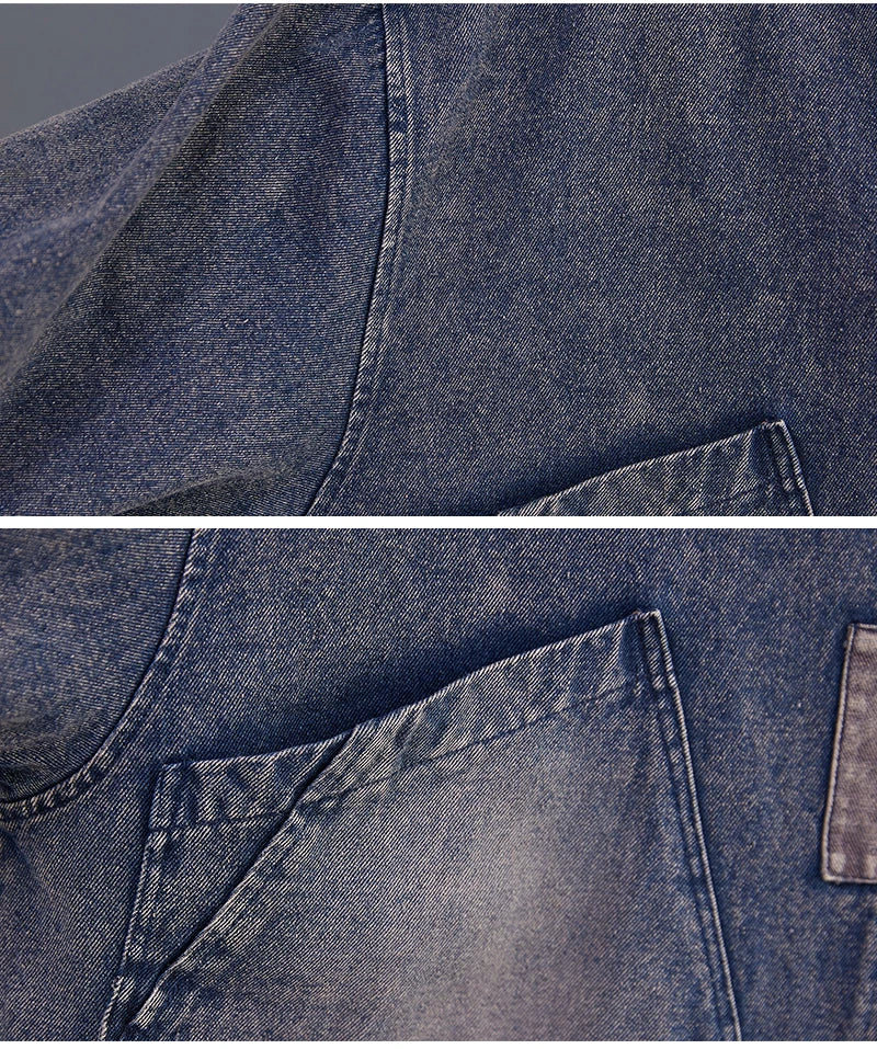 Women Long Sleeve  Denim Jackets Big Pocket Vintage Blue Short Coat .