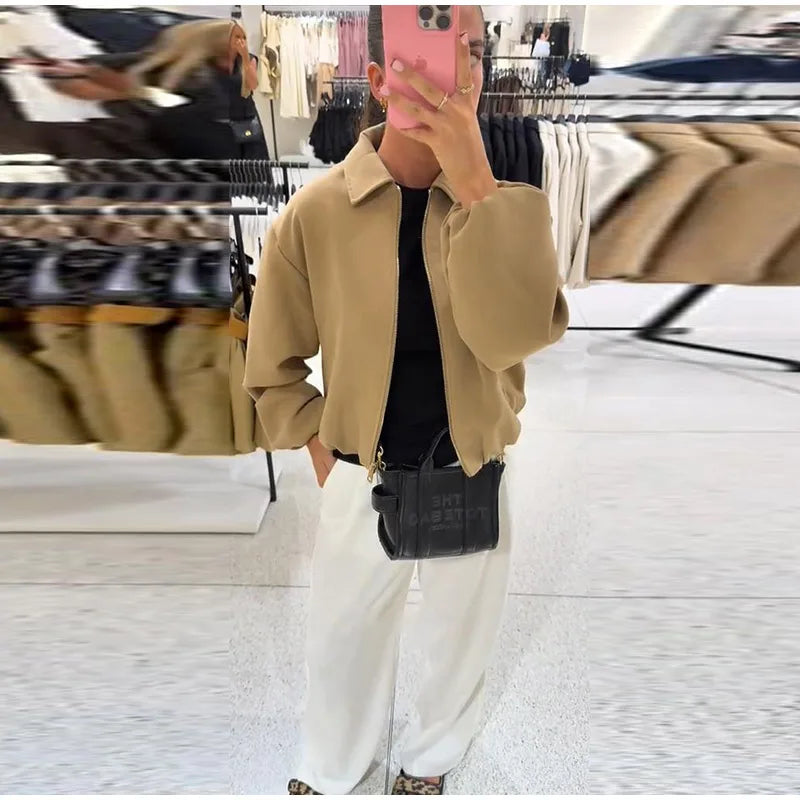 Casual Solid Zipper Lapel Short Jacket Women Long Sleeve .