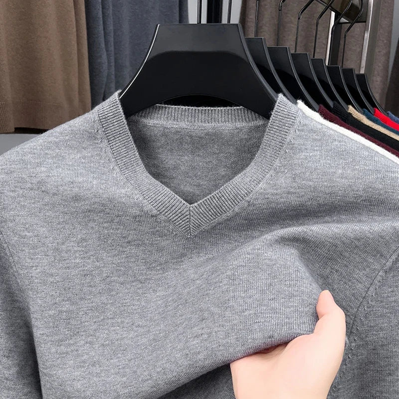 New Sweatwear Men's V Neck Basic Solid Color Sweaters Round Neck Elastic Pullovers Warm Autumn Knitted Oversized Sweater Men