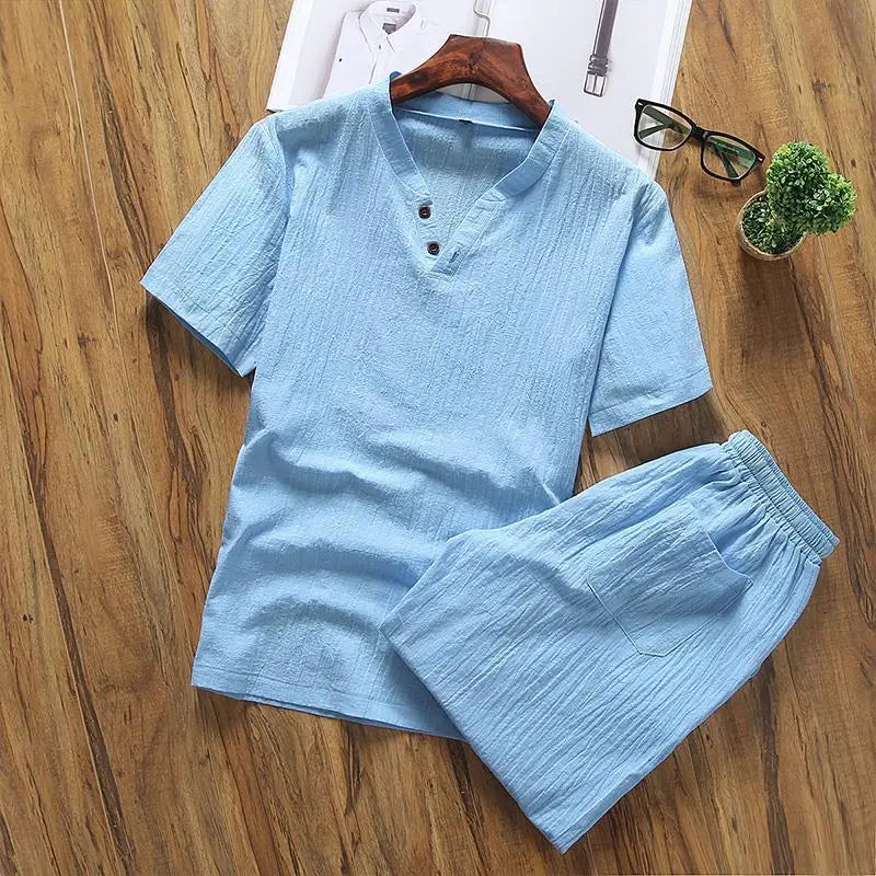 Two Piece Set Men Summer Vintage Simple Casual V Neck Short Sleeve Cotton Linen T Shirt Vacation Solid Loose Beach Shorts Ropa