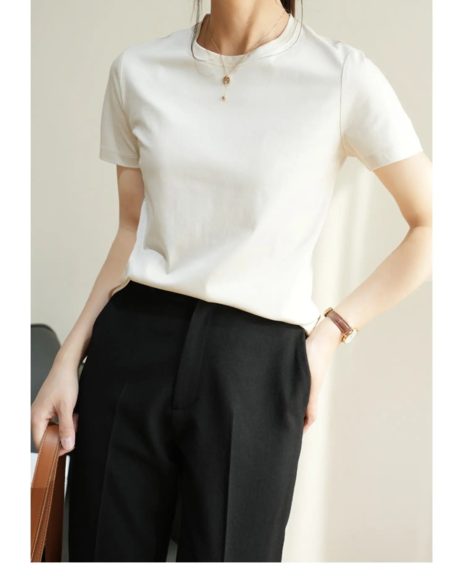 Summer Mercerized Cotton Women Silk T-shirts O Neck Short Sleeve Loose Straight T-shirts Casual Tees For Minimalist 2021