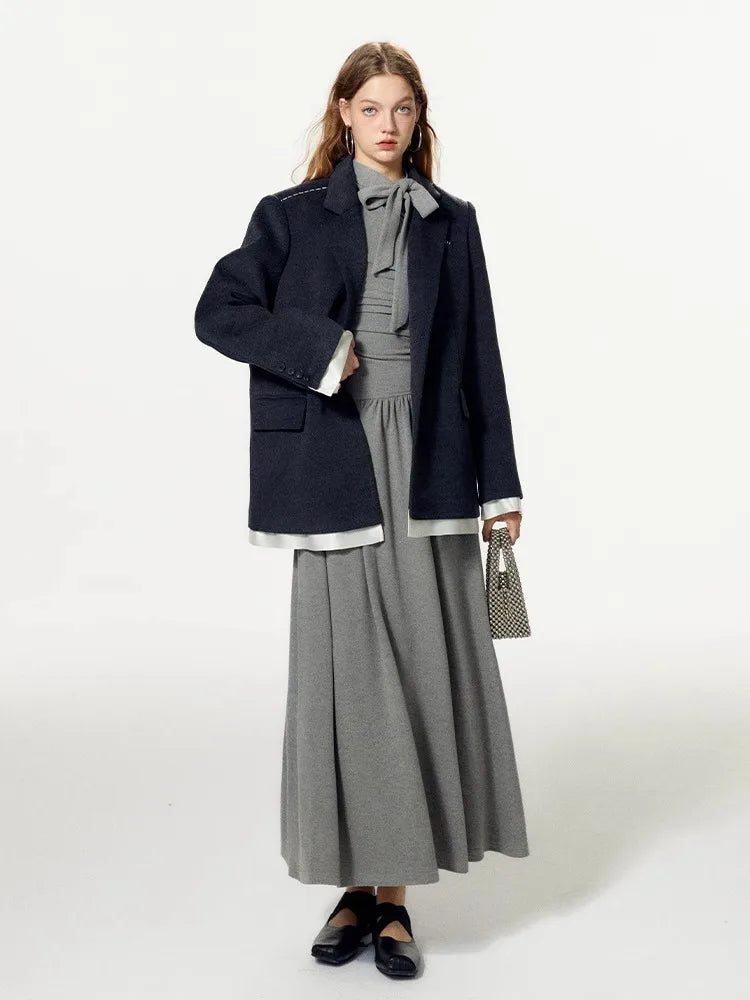 Grey Off Shoulder Pleated Dress For Women In Autumn And Winter, With A Unique Sense Of Luxury And A Slim Fit A-Line Dress