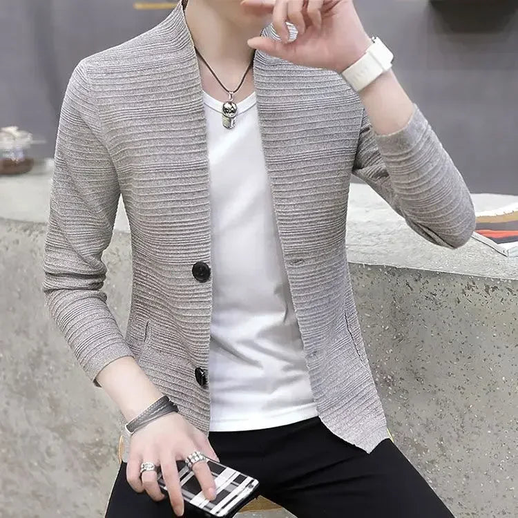 Knit Sweater Male Men's Clothing Cardigan Black Slim Fit Plain .