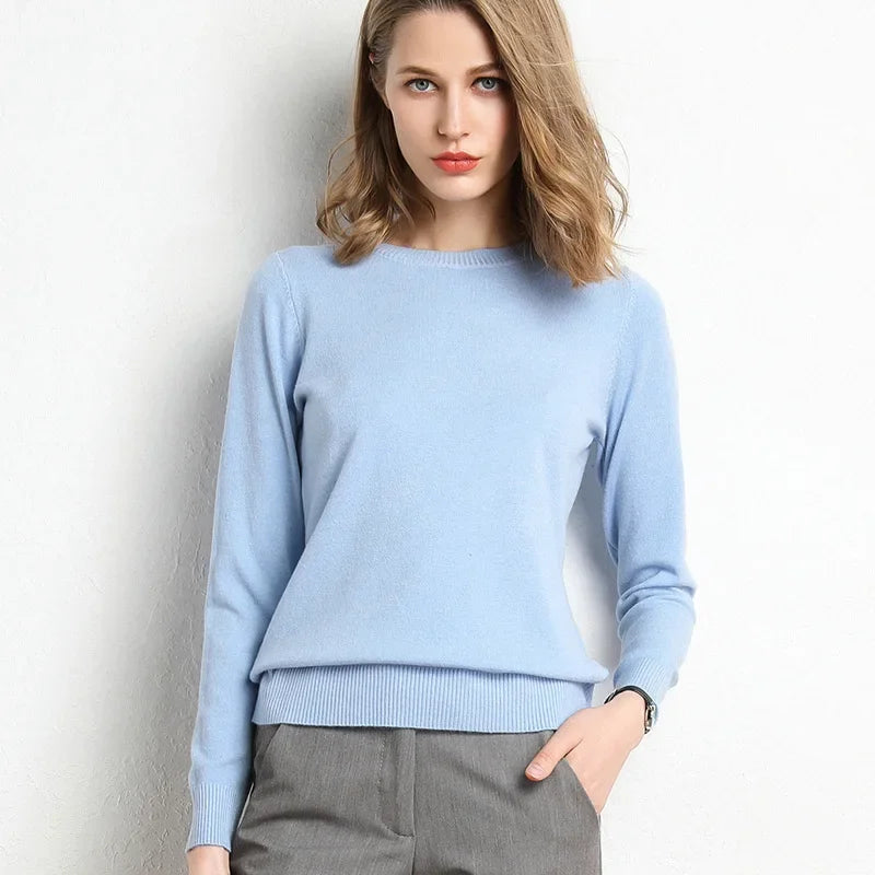 Women Slim O-Neck Pullover Cashmere Wool Blending Sweater.
