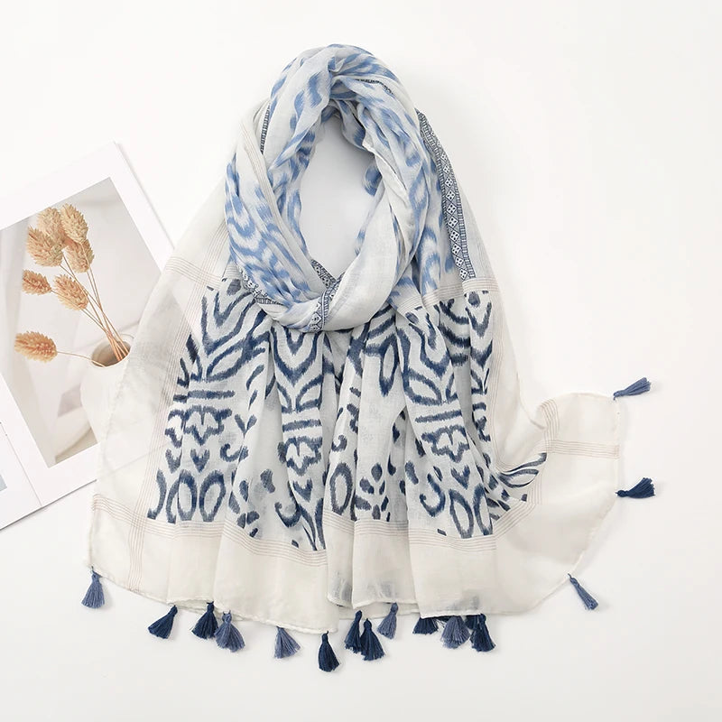 New Printed Soft Linen Cotton Scarf Shawls Women Muslim Hijabs Premium Foulard Femme Long Fresh Floral Tassel Scarves Echarpe