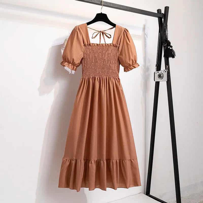 Spring Summer Elastic Waist Chiffon Dress Women Casual Dresses Fashion Female  Vestidos Short Sleeve Pleated A-line Dresses