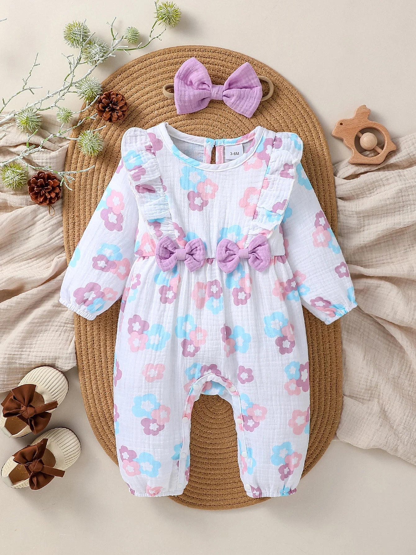 New Style Baby Girls Long Sleeve Print Flower With Bow O-18M