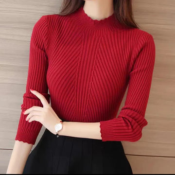 Autumn Women Mock Neck Ruffles Sweater Long Sleeve.