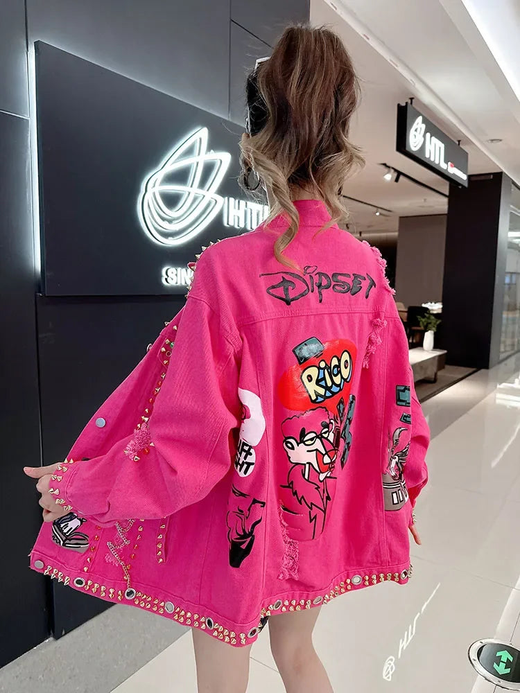 Women Graffiti Printed Rivets Denim Jacket Loose Holes Diamonds .