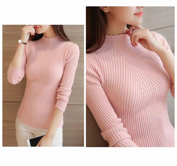 Autumn Women Mock Neck Ruffles Sweater Long Sleeve.