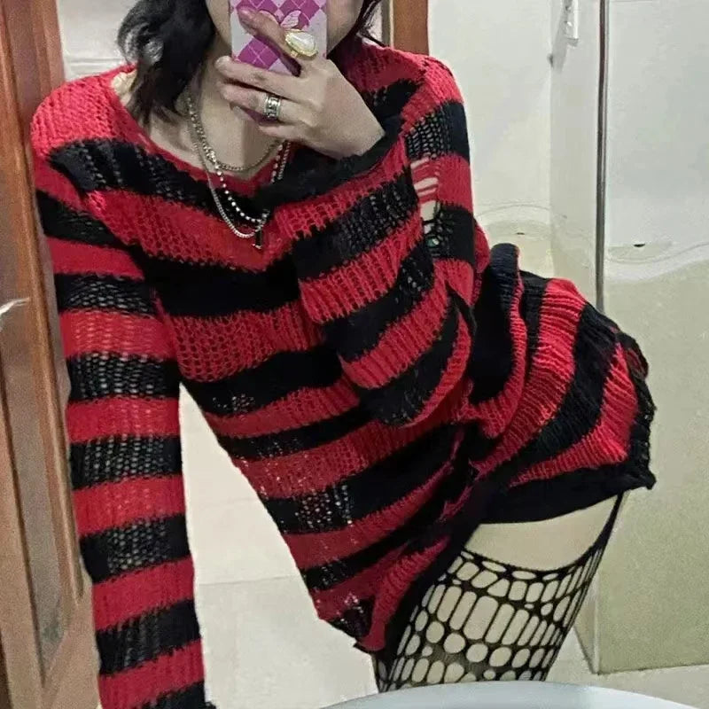 ZMZBCH Sexy Hollow Out Striped Long Sweaters .