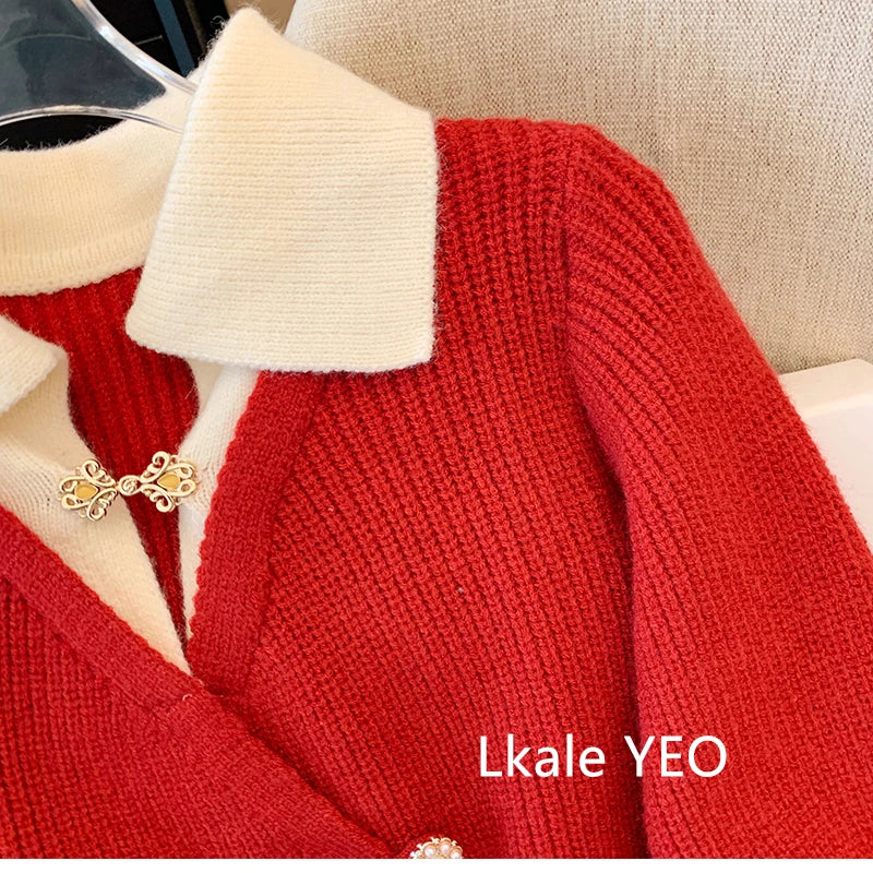 New 2025 Autumn Winter Design Splicing Slim Women Knitted Cardigan Sweater Jacket Fashion Fake Two Items Loose Ladies Top