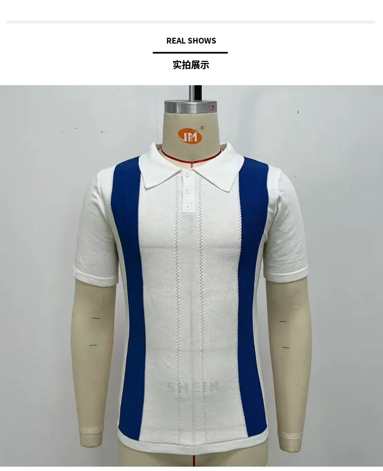 Men's Polo Shirts Vintage Striped Lightweight Knit Golf Shirts Classic Casual Short Sleeves Tops Male Business Social Shirt