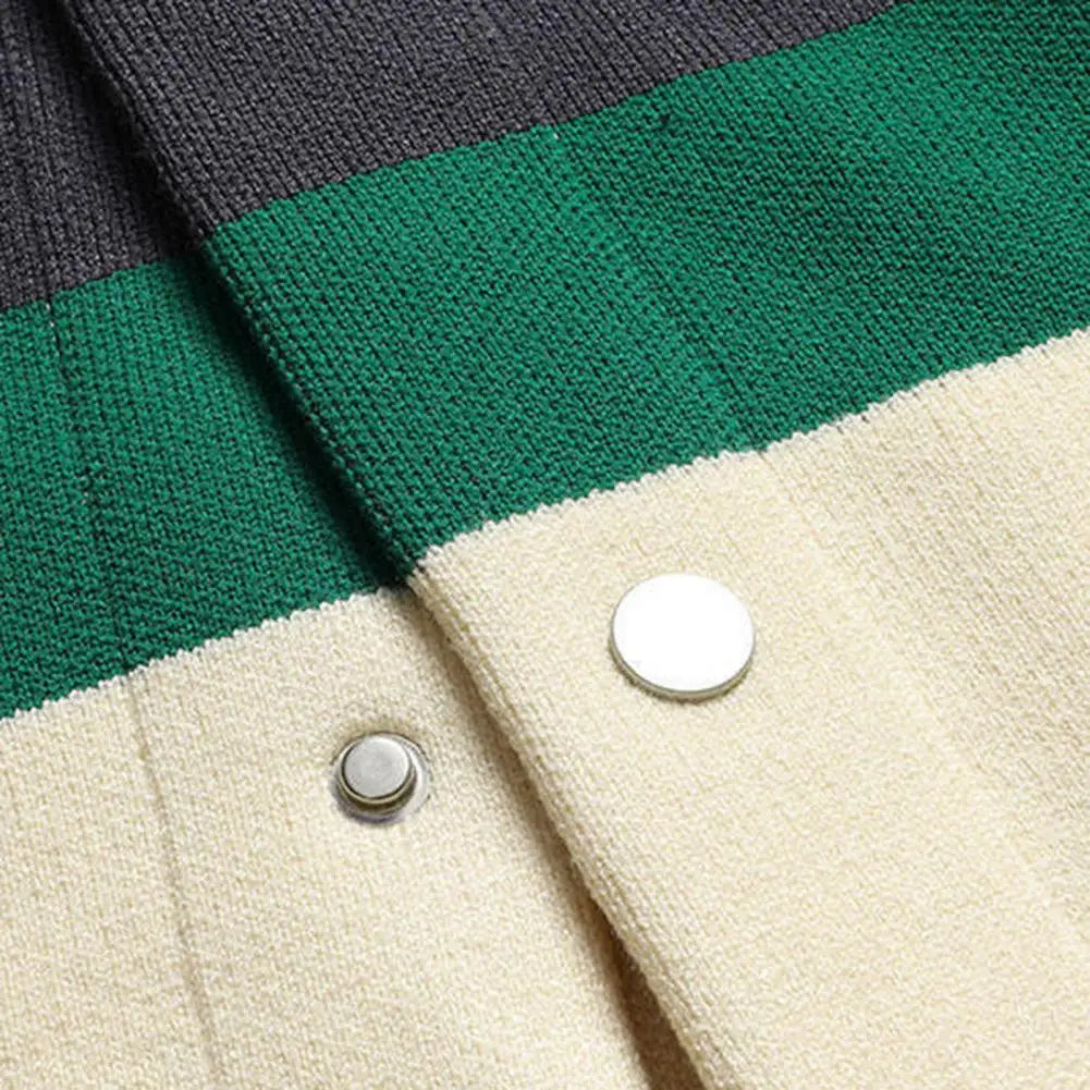 Fall Winter Men Cardigan Sweater Coloblock Turn-down.