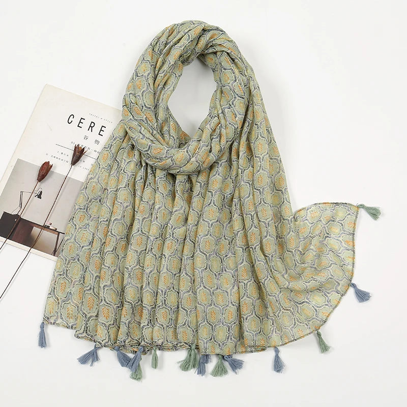 New Printed Soft Linen Cotton Scarf Shawls Women Muslim Hijabs Premium Foulard Femme Long Fresh Floral Tassel Scarves Echarpe