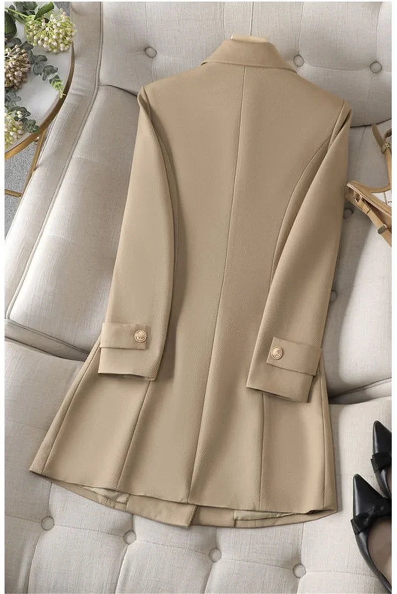 Autumn Winter Jacket Women Long Blazer Khaki Coffee Black .
