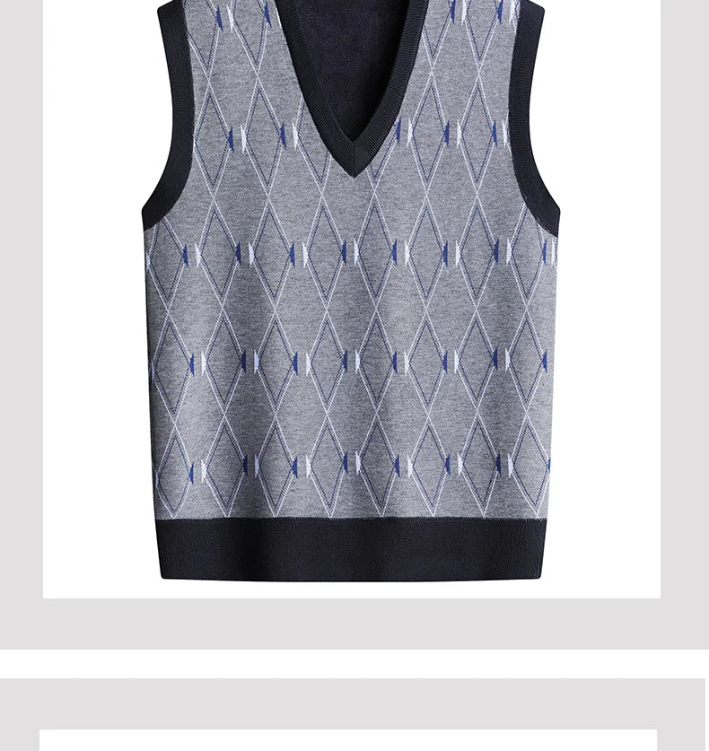 Men‘s V-neck Sweater Vest Autumn Winter Fleece Lining Knit.