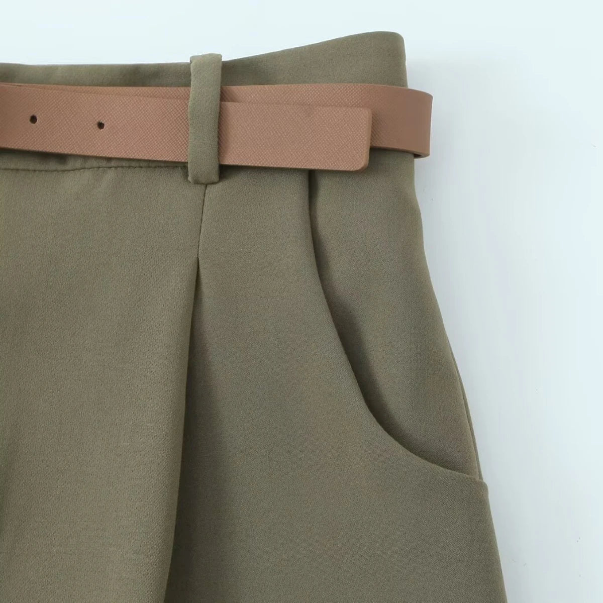 ZBZA Women's Belted Pleated Trousers High Waist Side Pockets .