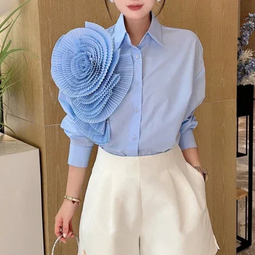 2025 Camisas De Mujer Blouse for Women Elegant Floral Shirts Oversized Tops Long Sleeve Fashion Pleated White Casual Blouses
