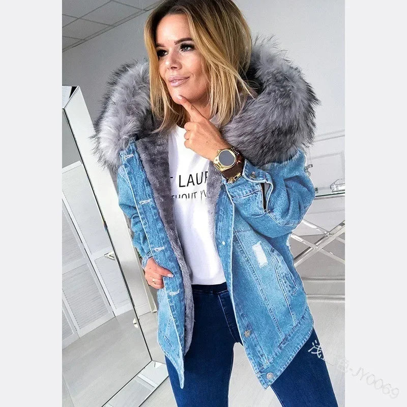 New Fashion Hooded Big Fur Collar Denim Jacket .