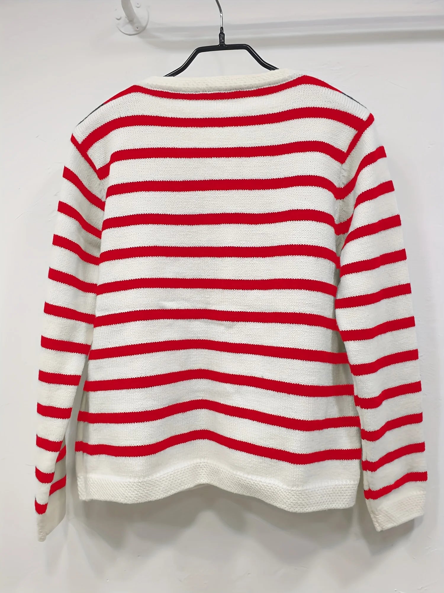 Chic Striped Cardigan Sweater Soft Long Sleeve Crew Neck Button.