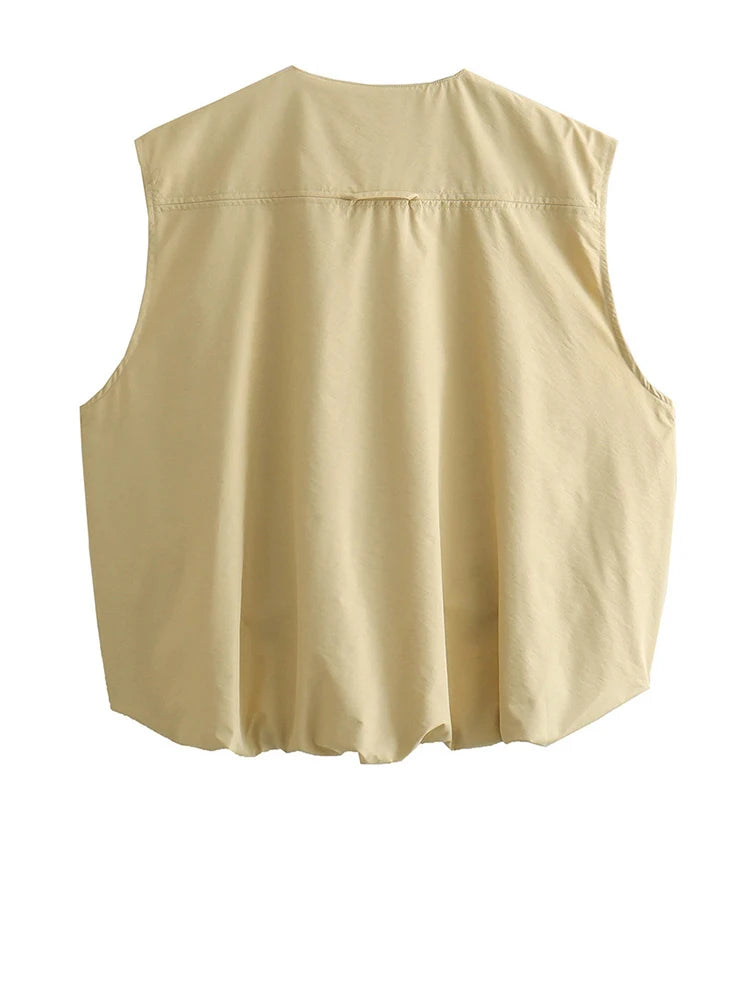 Women Yellow Pocket Irregular Big Size Casual Vest New V-collar.