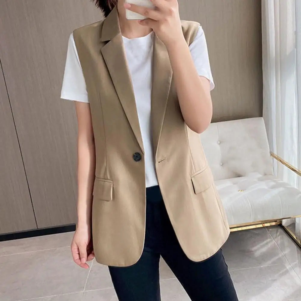 Women Vest Sleeveless Solid Color Suit Collar Loose Cardigan.