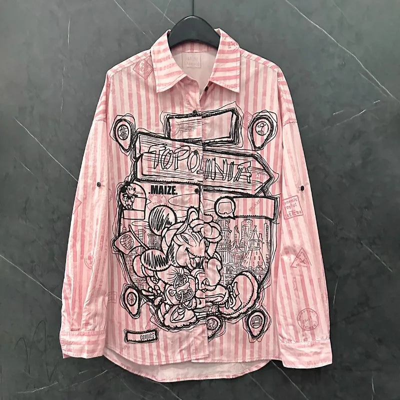 Spring and Summer New Cartoon Design Striped Long-sleeved Shirt Women's